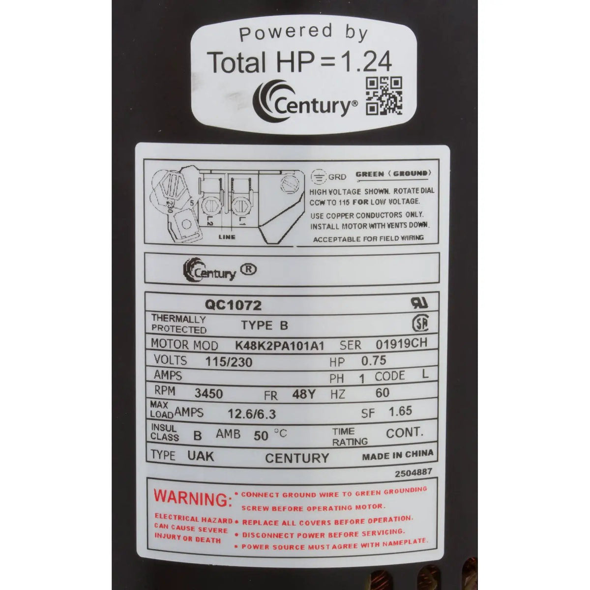 AO Smith Century [3/4hp] HP Motor (48Y) [115/230v] (QC1072) Square Flange Electric Motor Spa Pumps & Parts: Spa Pump Motors (48-Frame) 35-126-1172_2-MANLABEL__XL