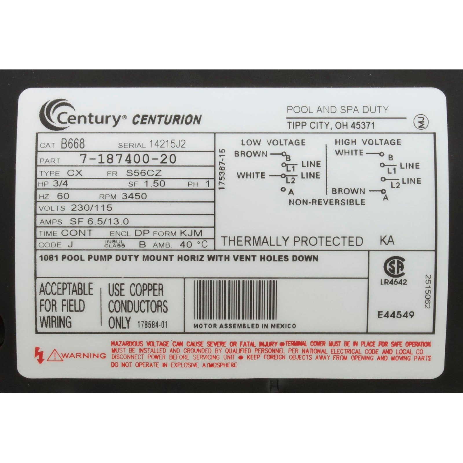 Century C-Face 3/4 HP Motor  [1-S] [115/230V] (B668)