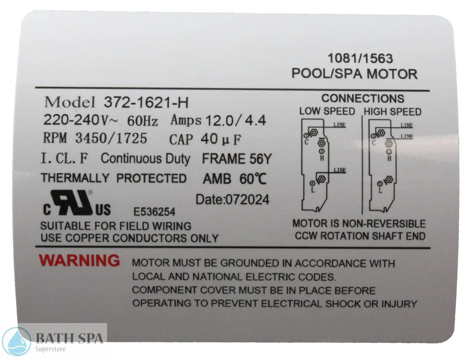 Waterway 4.0 HP Executive 56 Frame Spa Pump [2-Spd] [230V] [12/4.4a] [2"] (3721621-1D) Spa Pumps & Parts: Spa Pumps (Waterway Executive Pumps) 372-1621-H-LABEL