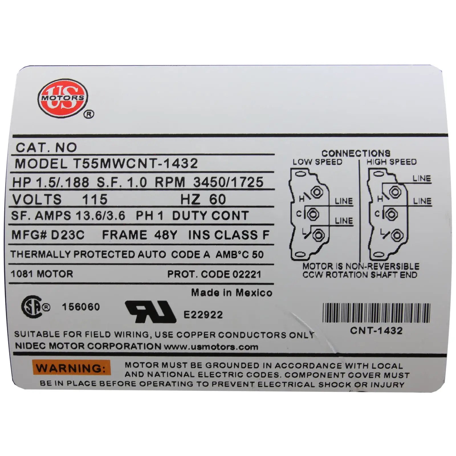 Balboa, 115V, 1.5HP, 2-Spd, 13.6A/3.6A, 2", Bracketless [6500-345] Spa Pumps 4154213-S-LABEL