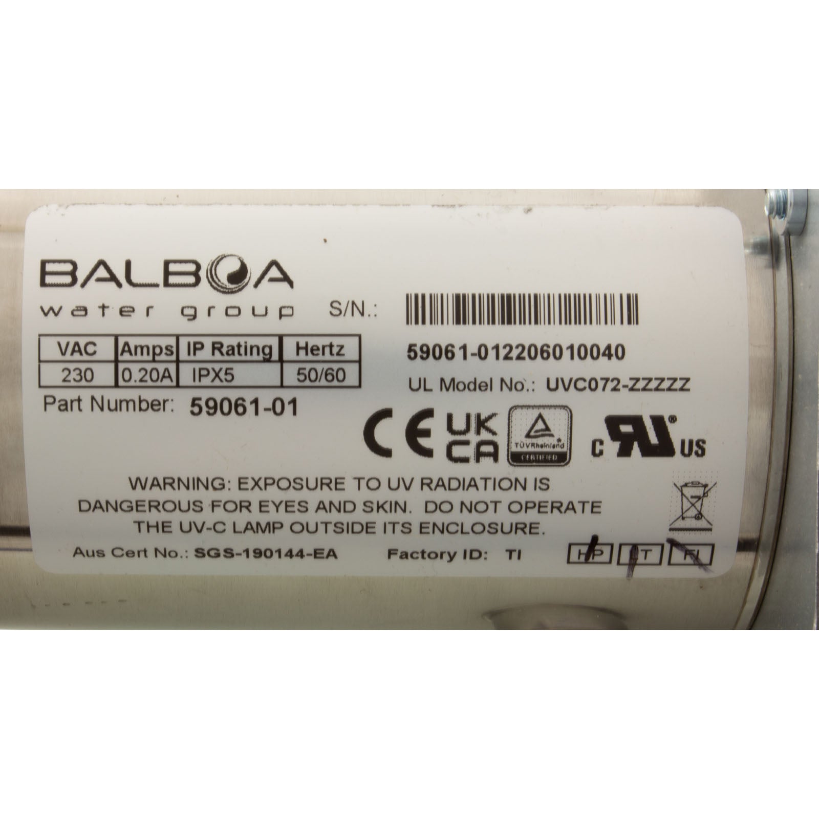 Balboa UV Generator Sanitation System, BWG Wavetec254™, 230v, 7W, 3/4"b [59061-01]