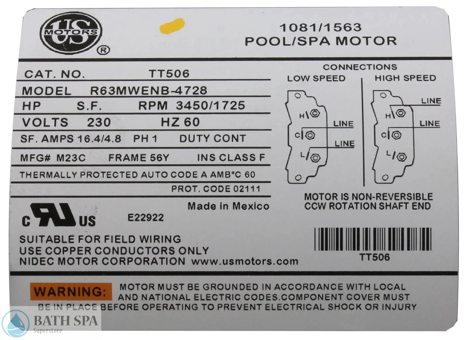 Balboa Vico Ultimax (Niagara) 5.0 HP Spa Pump [2"] [2-Spd] [230V] [16.4/4.8 Amps] [56 Frame] (1016196) Spa Pumps & Parts: Spa Pumps (Balboa Ultimax Niagara Pumps) 5235216-S-LABEL