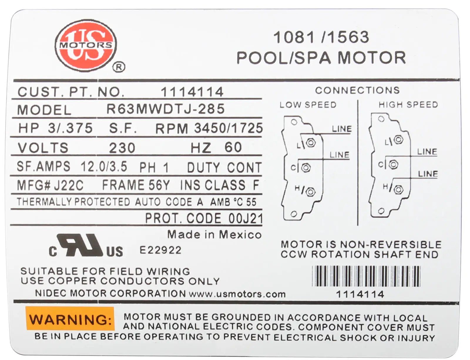 Balboa Vico Ultimax (Niagara) 4.0 HP Spa Pump [2"] [2-Spd] [240V] [12/3.5] [56FR] (1016037) Spa Pumps & Parts: Spa Pumps (Balboa Ultimax Niagara Pumps) 5239212-S-LABEL