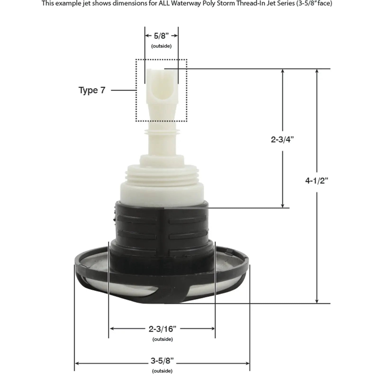 Waterway Poly Storm Jet Internal [3-5/8" FD] [Swirl] [Roto] [Threaded] [Black/SS] (229-4031S) Spa Parts: Spa Jets (Waterway Poly Storm Jets) 55-270-4312_7-DIMENSIONS__XL