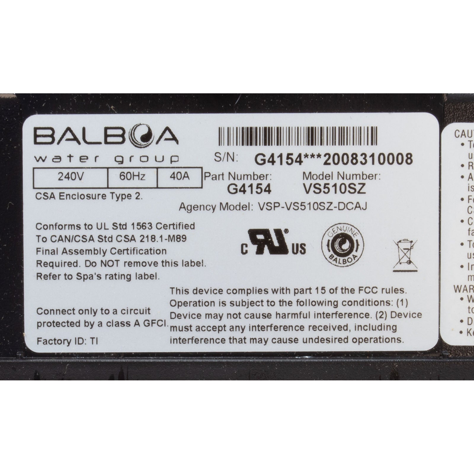 Balboa Spa Control, BWG VS510SZ, P1, P2, Bl, Oz, Lt, 4kW, 230v