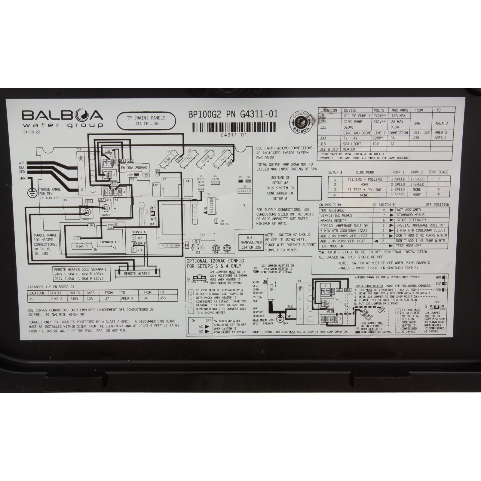 Balboa BP100G2, P1, P2, w/ 4.0kW Remote Heater (TP200T)