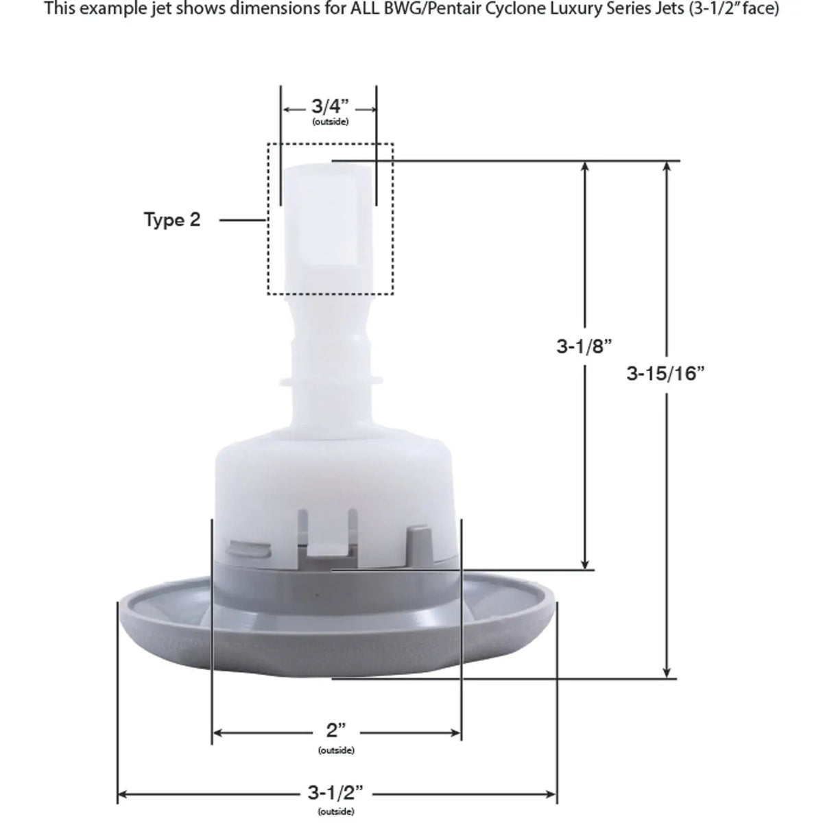 Balboa Santana Luxury Cyclone Jet Barrel [Adjustable Swirl] Escutcheon [Dark Grey] (940133WW) Spa Parts: Spa Jets (Balboa Santana Cyclone Jets) 940133WW-DIMENSIONS