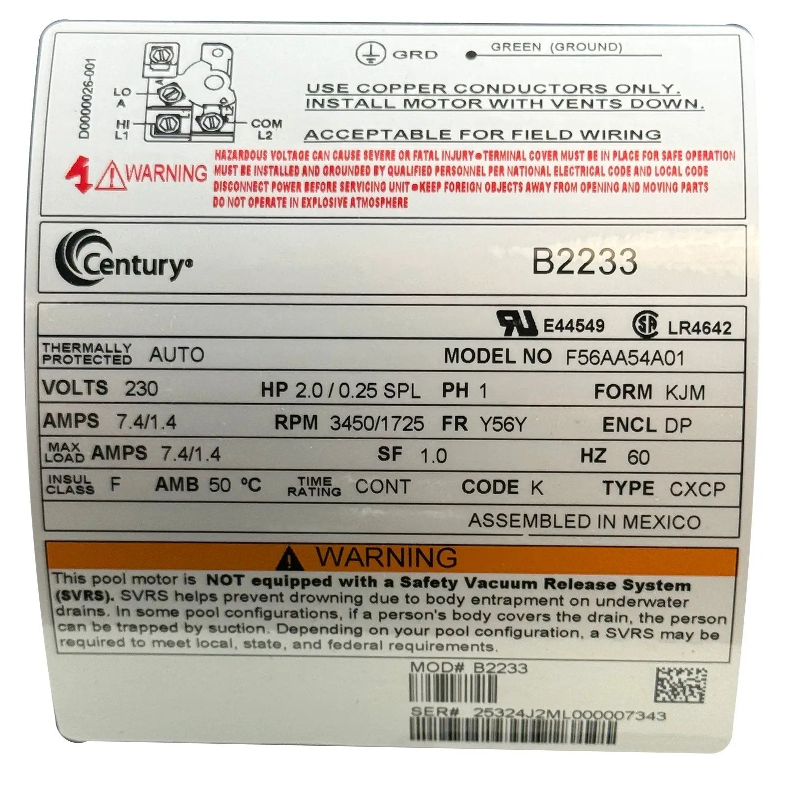 A.O. Smith Century Motor 2.0 HP 2 Speed 56Y Frame Thru Bolt Single Phase 230V [B2233] Spa Pumps & Parts: Spa Pump Motors (56-Frame) B2233-LABEL