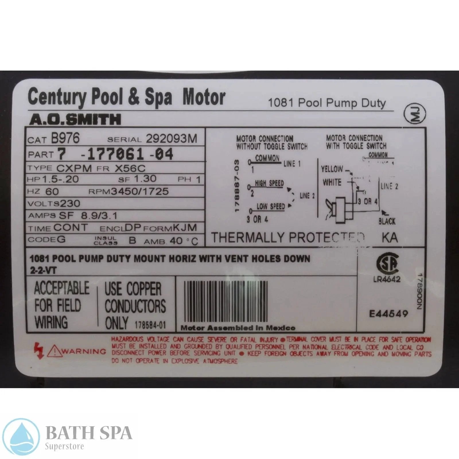 AO Smith Century C Face 1.5 HP Motor Keyed Shaft 2-S 230V 60Hz Industrial Grade B976 Spa Pumps & Parts: Spa Pump Motors (C-Face) B786_LABEL