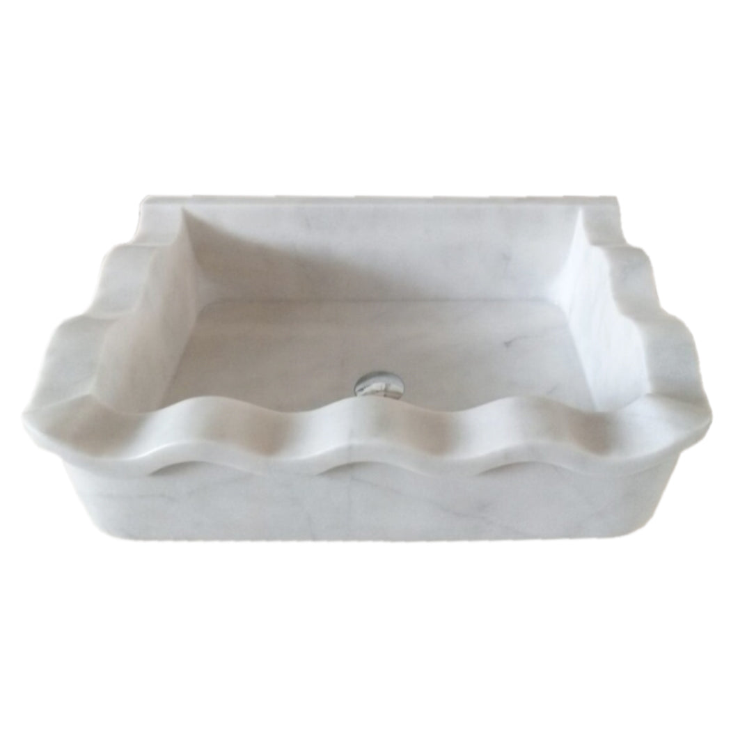 Carrara White Marble Rectangular Wall-mount Wavy Edges Bathroom Sink (W)16" (L)24" (H)6"