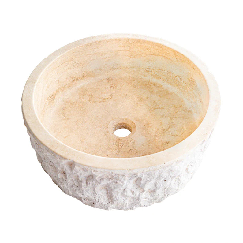 Denizli Beige Travertine Rustic Stone Round Above Vanity Bathroom Sink (D)16" (H)6"