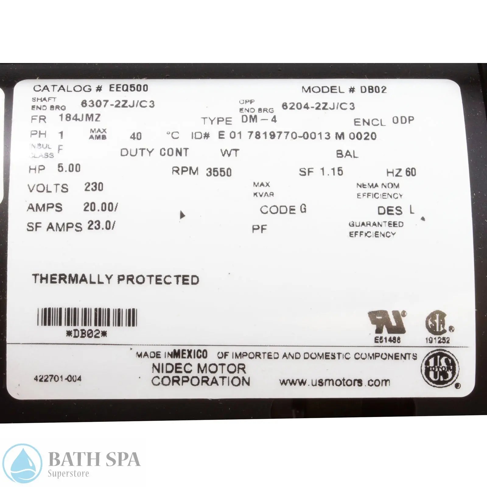 US Motor, 5.0 Horsepower, 230v, Single Phase [230v] (EEQ500) Spa Pumps EEQ500-LABEL