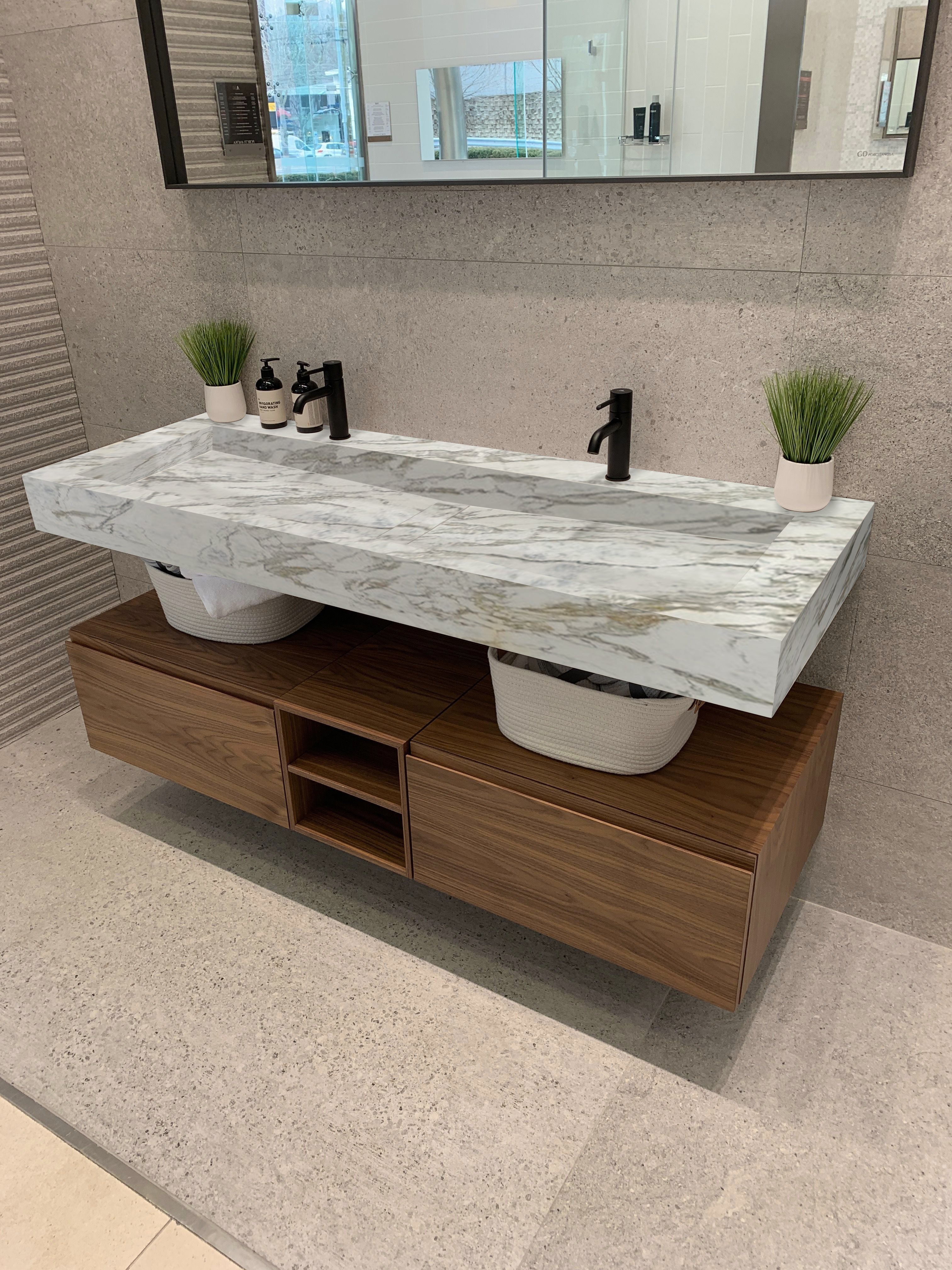 Fantasy White Marble Modern Rectangular Sink Wall-mount Bathroom Sink (W)18" (L)52" (H)5"