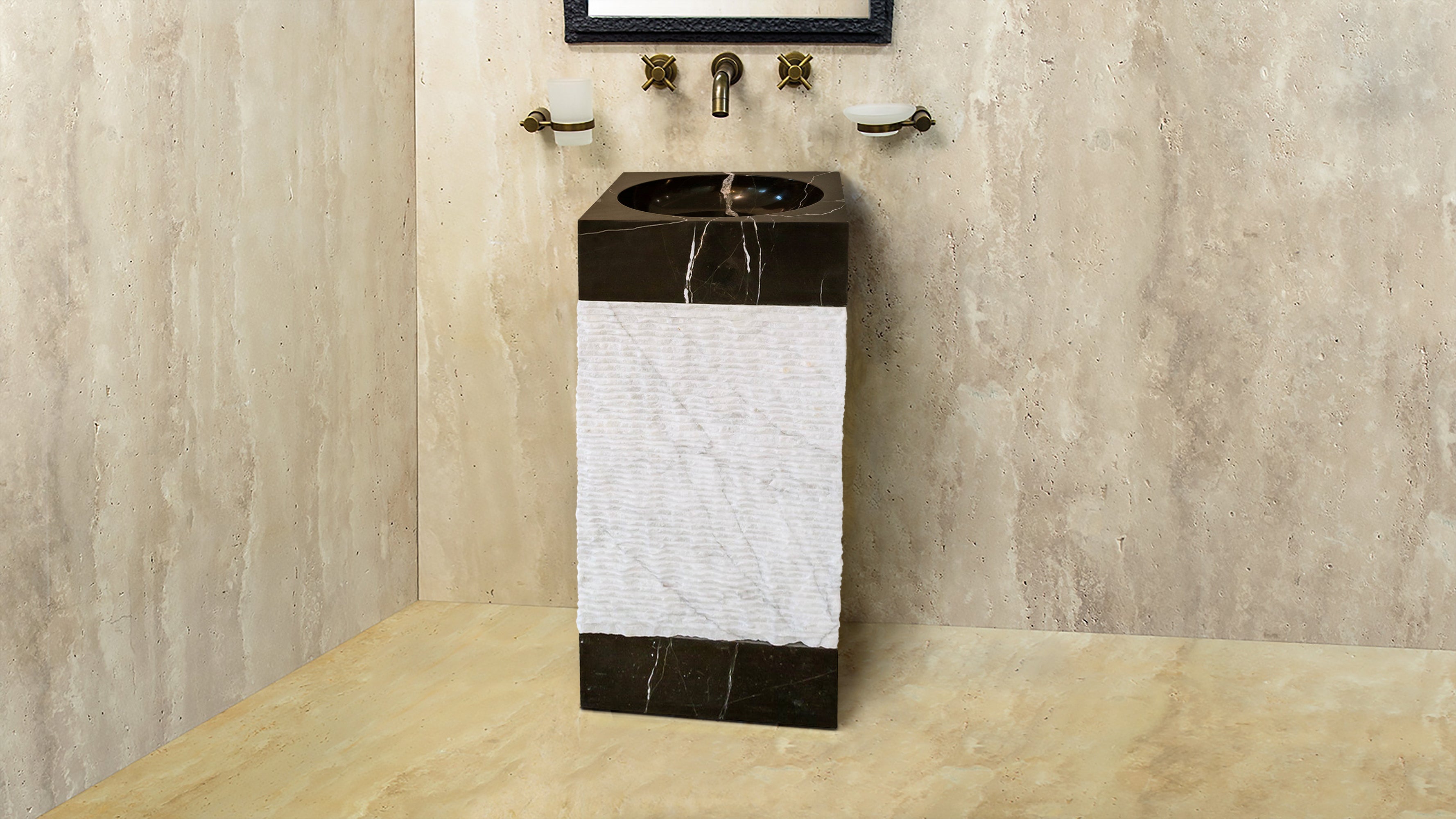 Natural Stone 3 piece Marble Pedestal Stand-alone Sink Toros Black-Carrara White