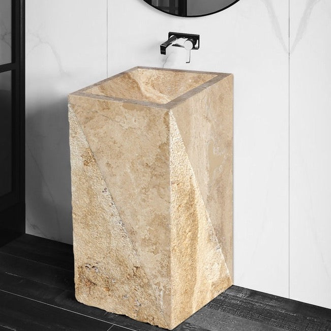 Walnut Travertine Pedestal Stand-alone Rectangular Prism Sink Honed (W)14" (L)21.5" (H)33.5"