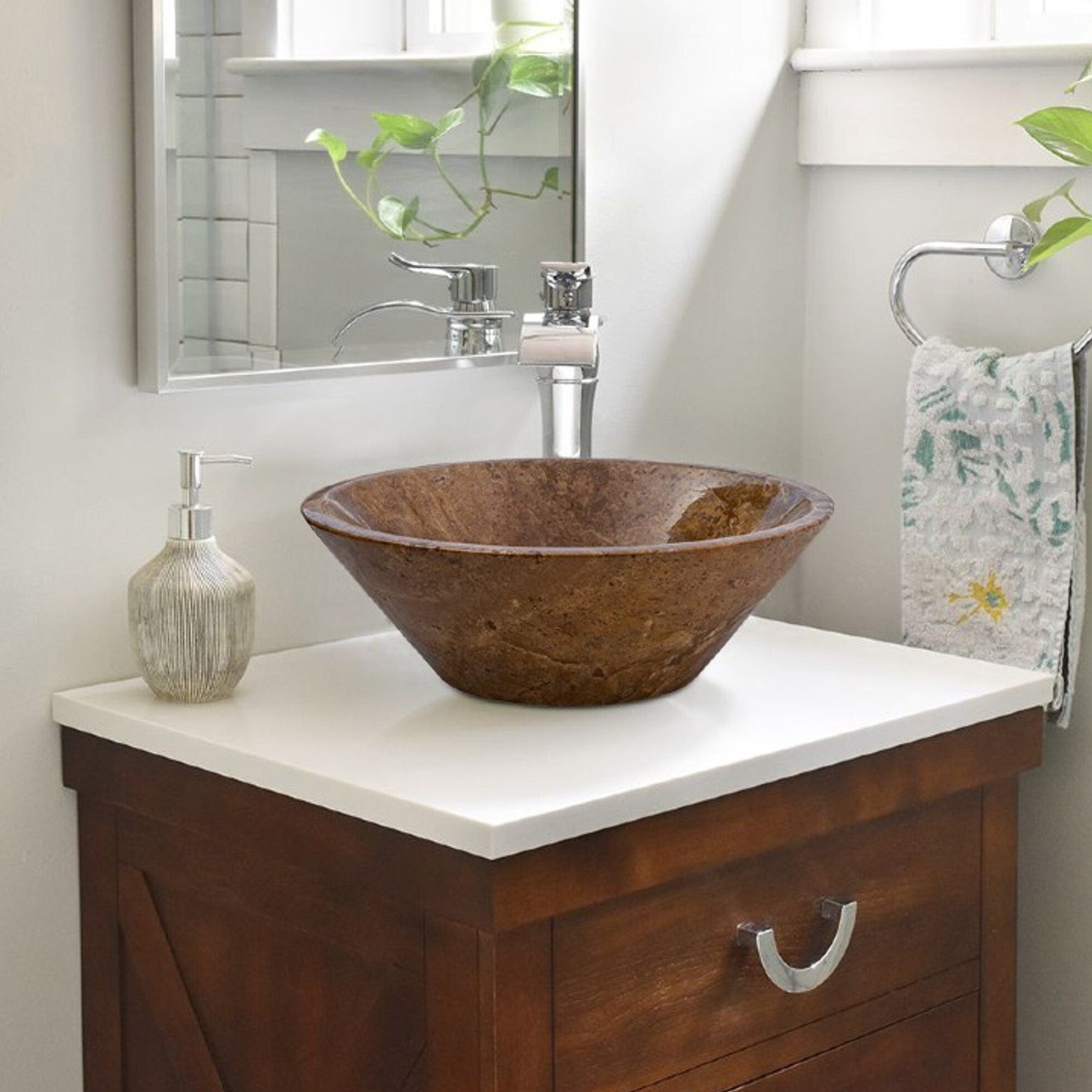 Noce Brown Travertine Powder Room Above Vanity V-Shape Tapered Sink (D)16" (H)6"