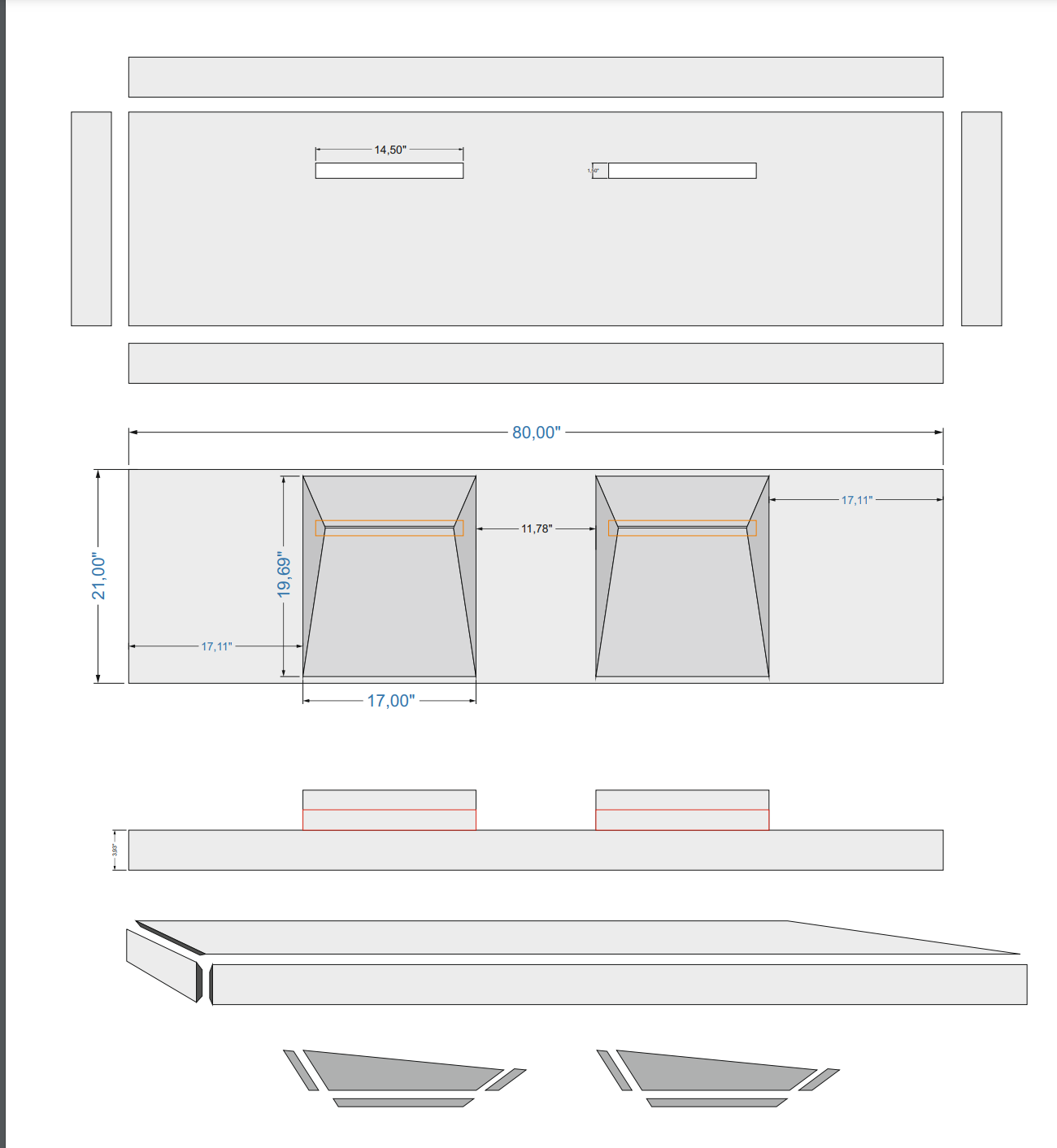 Imperial White Marble Double Sink Above Vanity Wall-mount Bathroom Sink (W)21" (L)80" (H)8"