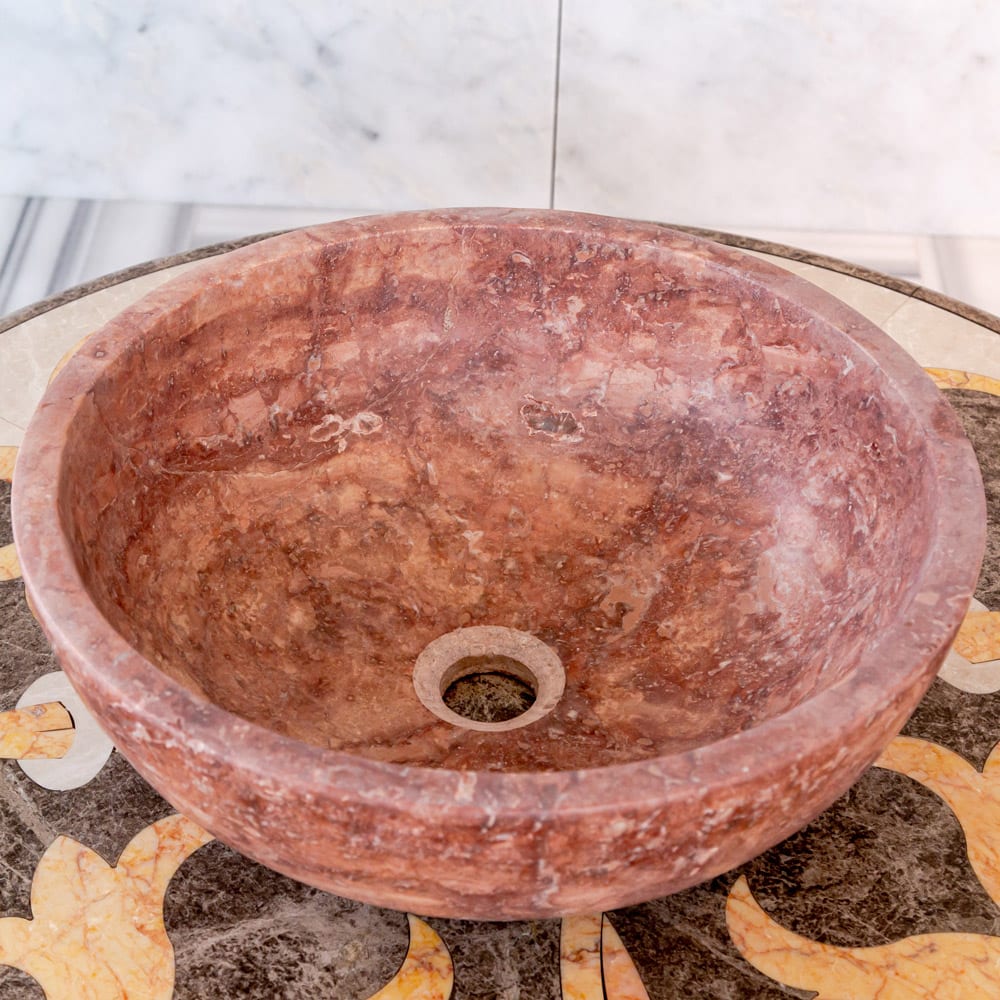 Red Travertine Natural Stone Round Above Vanity Bathroom Sink Honed/Matte (D)16" (H)6"