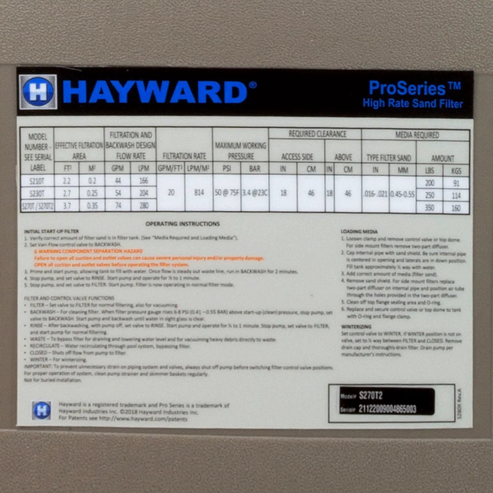 Hayward Pro Series Sand Filter [27"] W/ 2In Valve (S270T2) Pool Parts S270T2_2-MAIN-LABEL