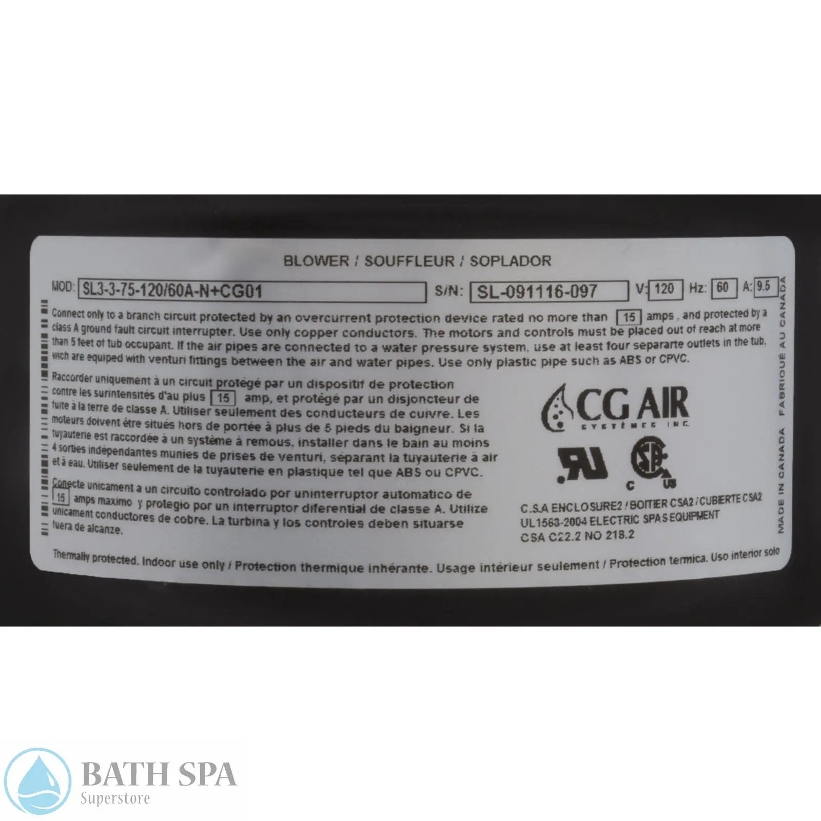 CG Air Air Blower Silver (Air Switch) [300W Htr] [750W][3-Spd] [120v] [SLS-3-75-120/60A-N-CG01] Bath Parts: Bath Controls (Electric) SL3-3-75-120_60A-N_CG01