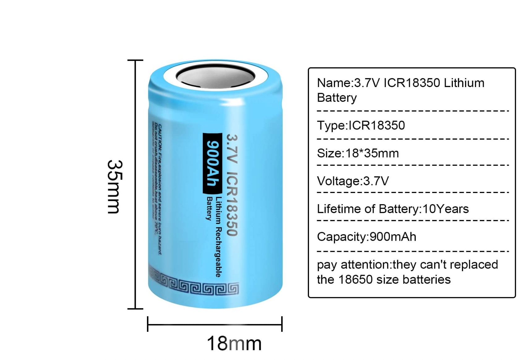 3.7V 18350 Rechargeable Battery 900mAh