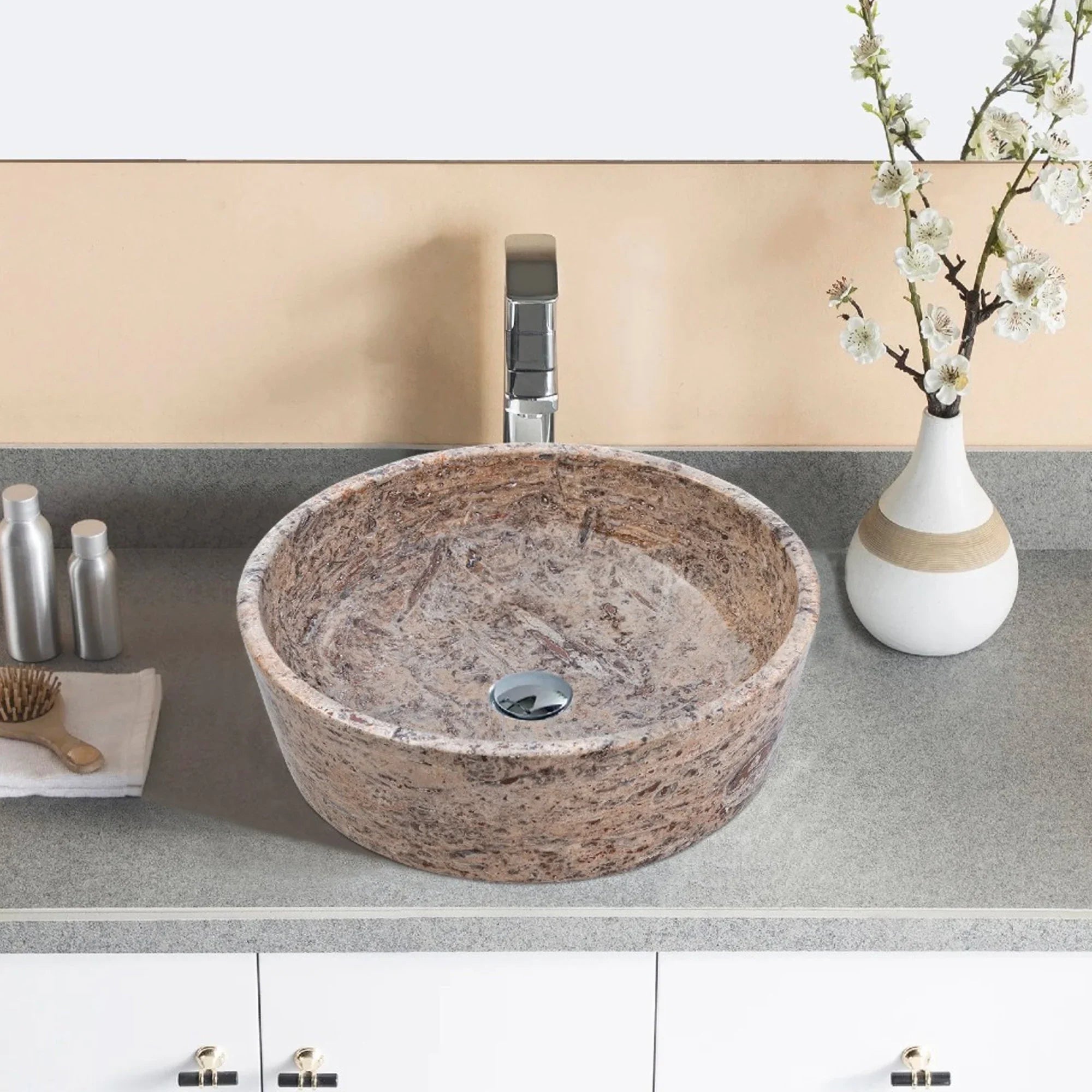 Silver Latte Travertine Natural Stone Above Vanity Bathroom Sink Polished (D)16" (H)5"