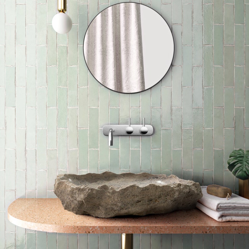 Silver Travertine Rustic Natural Stone Above Vanity Random Shape Sink