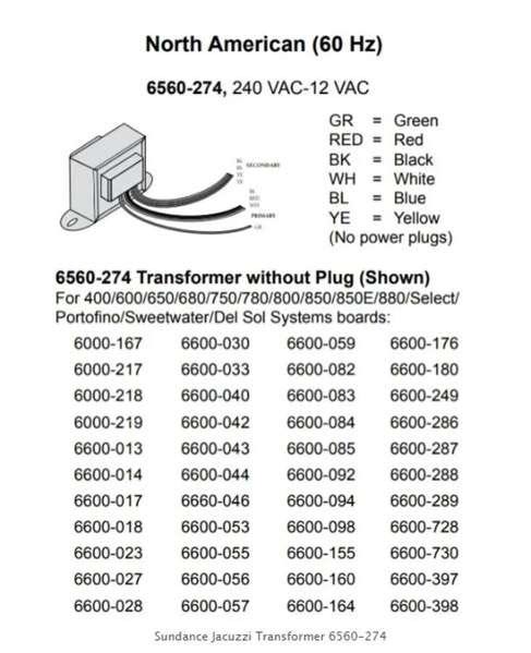 Sundance Transformer without Plug [6560-274] Sundance Spa Parts Sundance_Transformer_Information_6560-274