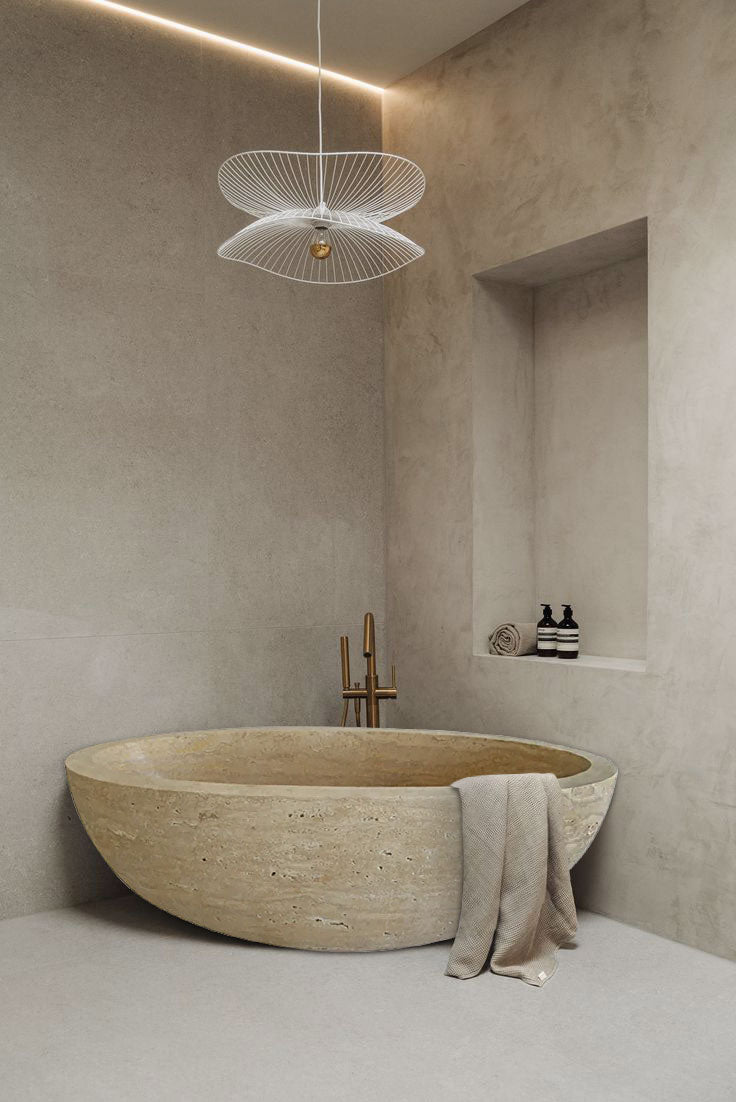 Troia Light Travertine Bathtub Hand-carved from Solid Marble Block (W)32" (L)70" (H)20"