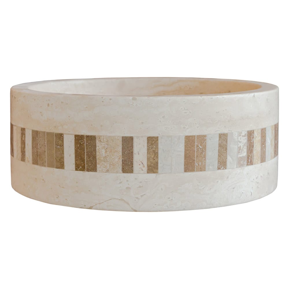 Troia Light Travertine Cylinder Above Vanity Bathroom Sink 2" Embedded Mosaics Border