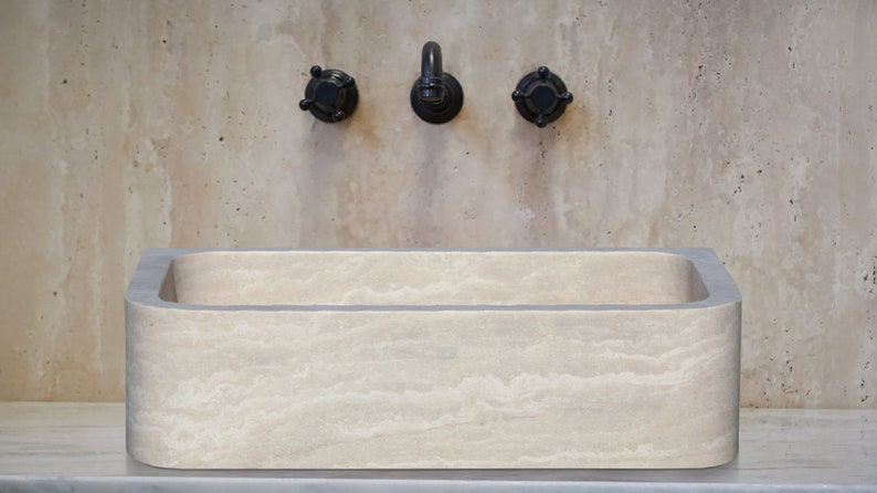 Troia Light Travertine Rectangular Farmhouse Kitchen Sink (W)18" (L)27.5" (H)7"