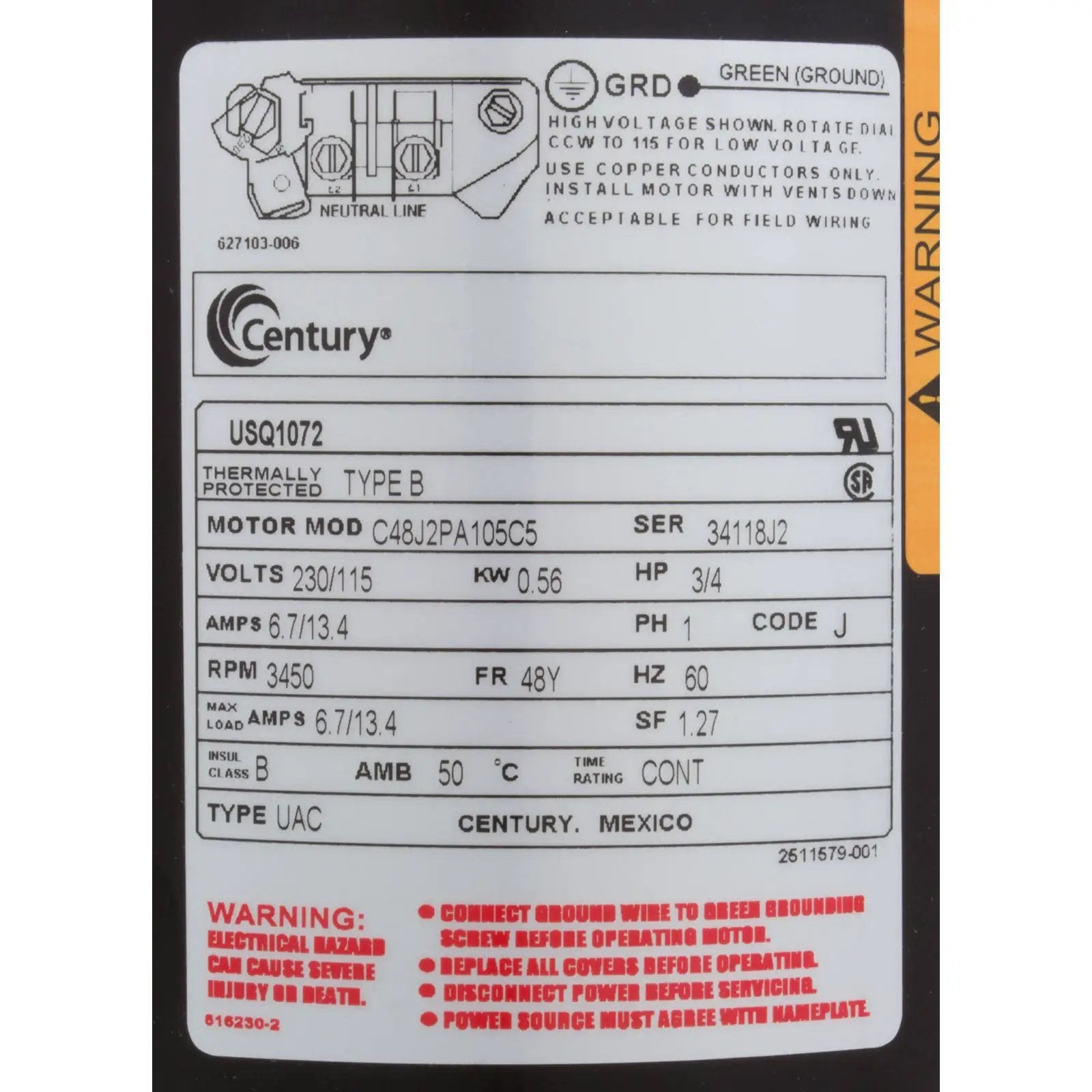 A O Smith Century US Motor Three Quarter Horsepower Motor [48Y] [115/230v] ASQ1072 Replacement Part Spa Pumps & Parts: Spa Pump Motors (48-Frame) USQ1072_LABEL