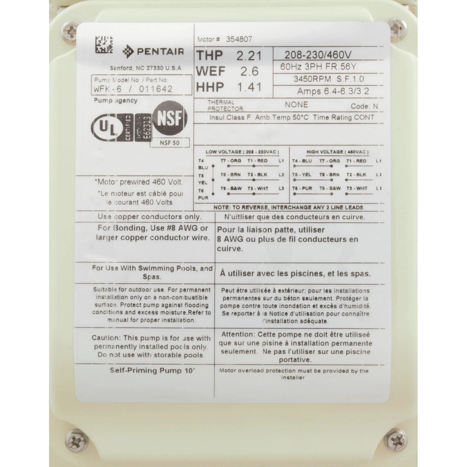 Pentair WhisperFlo 1.5HP 3-Phase Commercial Pool Pump WFK-6 [208/230-460v] 011642 Pool Parts: Pool Pumps - Pentair WFK-6_011642