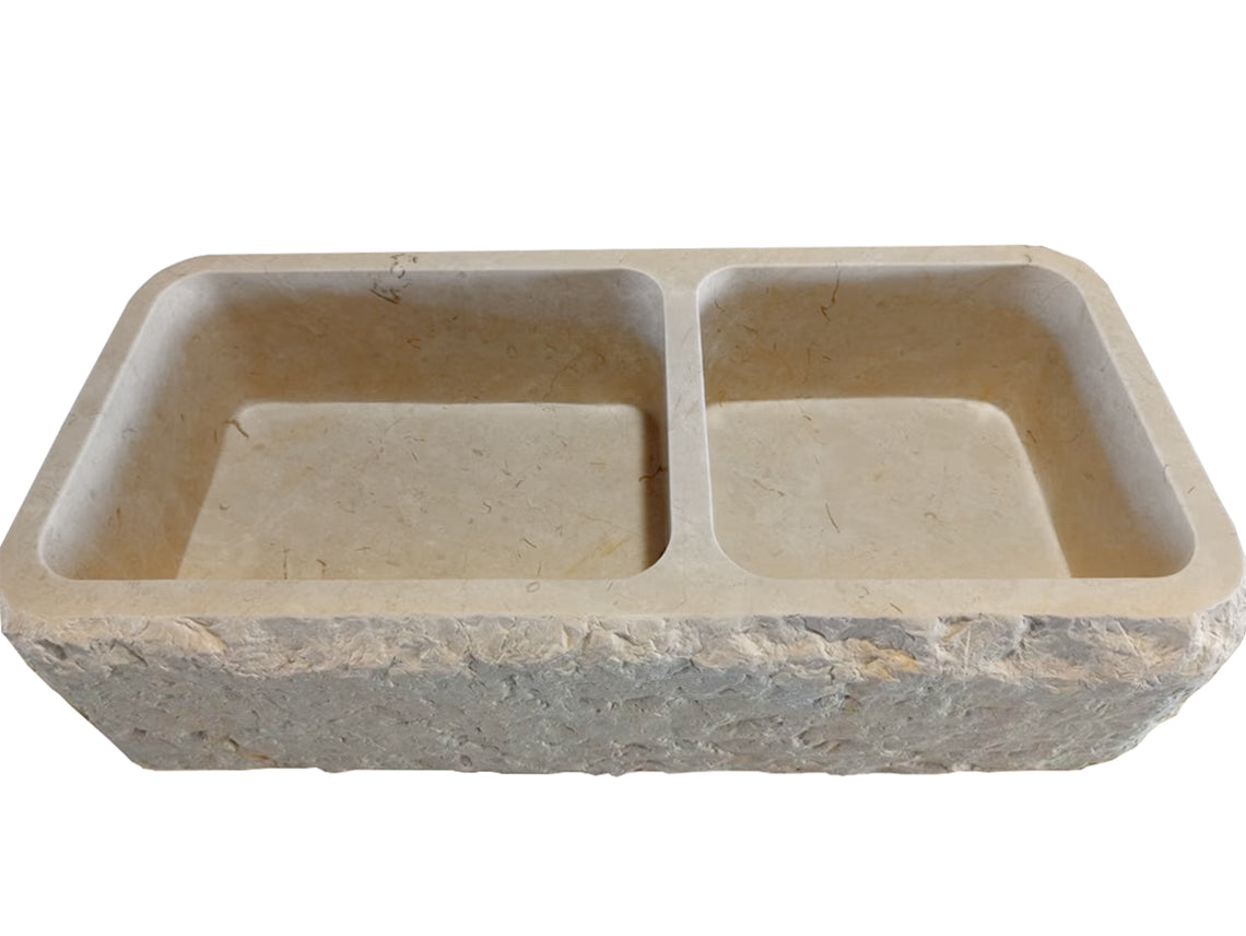 Botticino Beige Marble Farmhouse Apron Kitchen Double Sink (W)16" (L)32" (H)10"