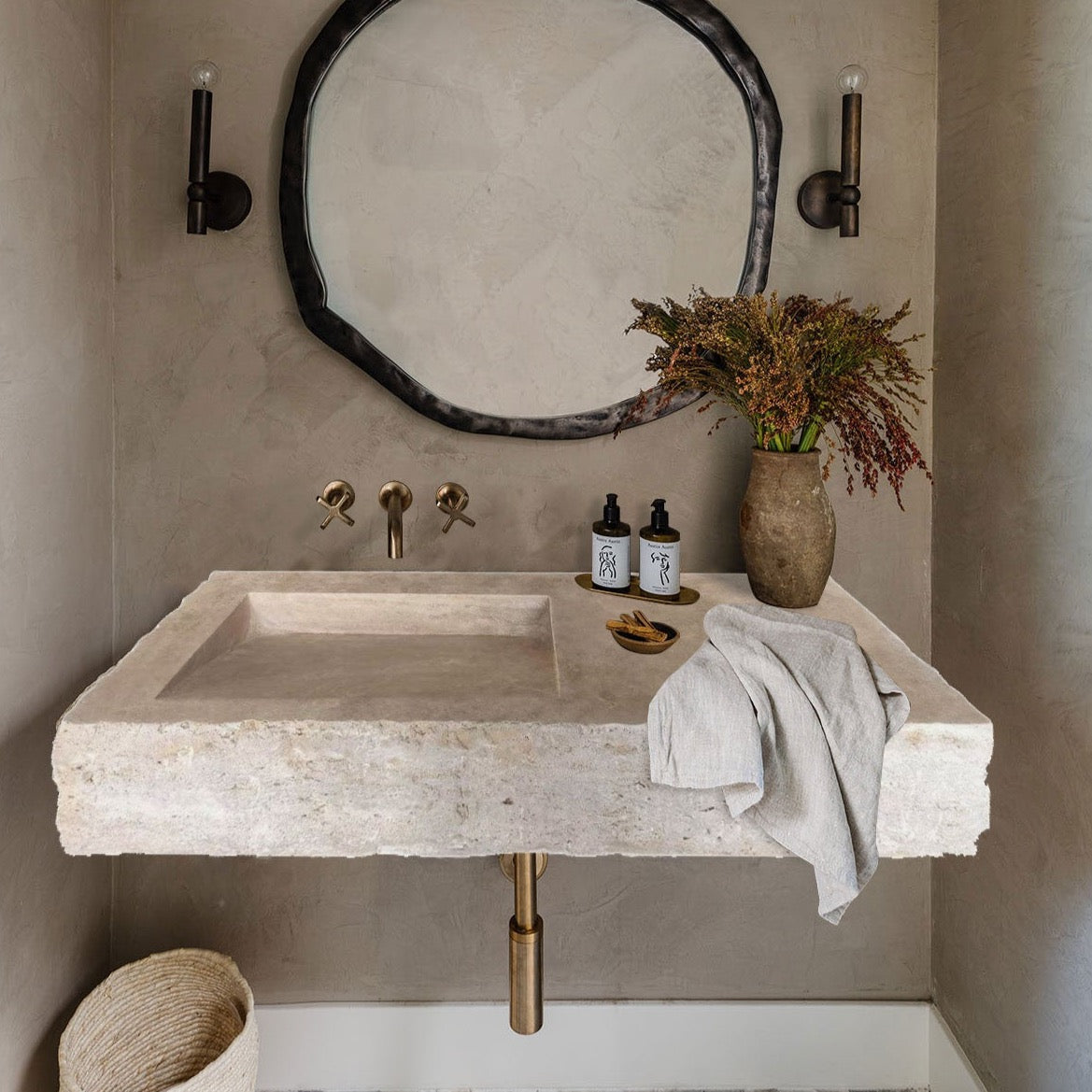 Troia Light Travertine Rustic Rectangular Wall-mount Bathroom Sink (W)16" (L)36" (H)10"