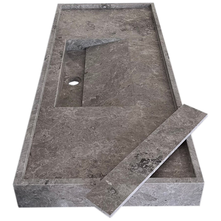 Tundra Grey Marble Rectangular Wall-mount Bathroom Sink Hidden Drain (W)20" (L)48" (H)5"