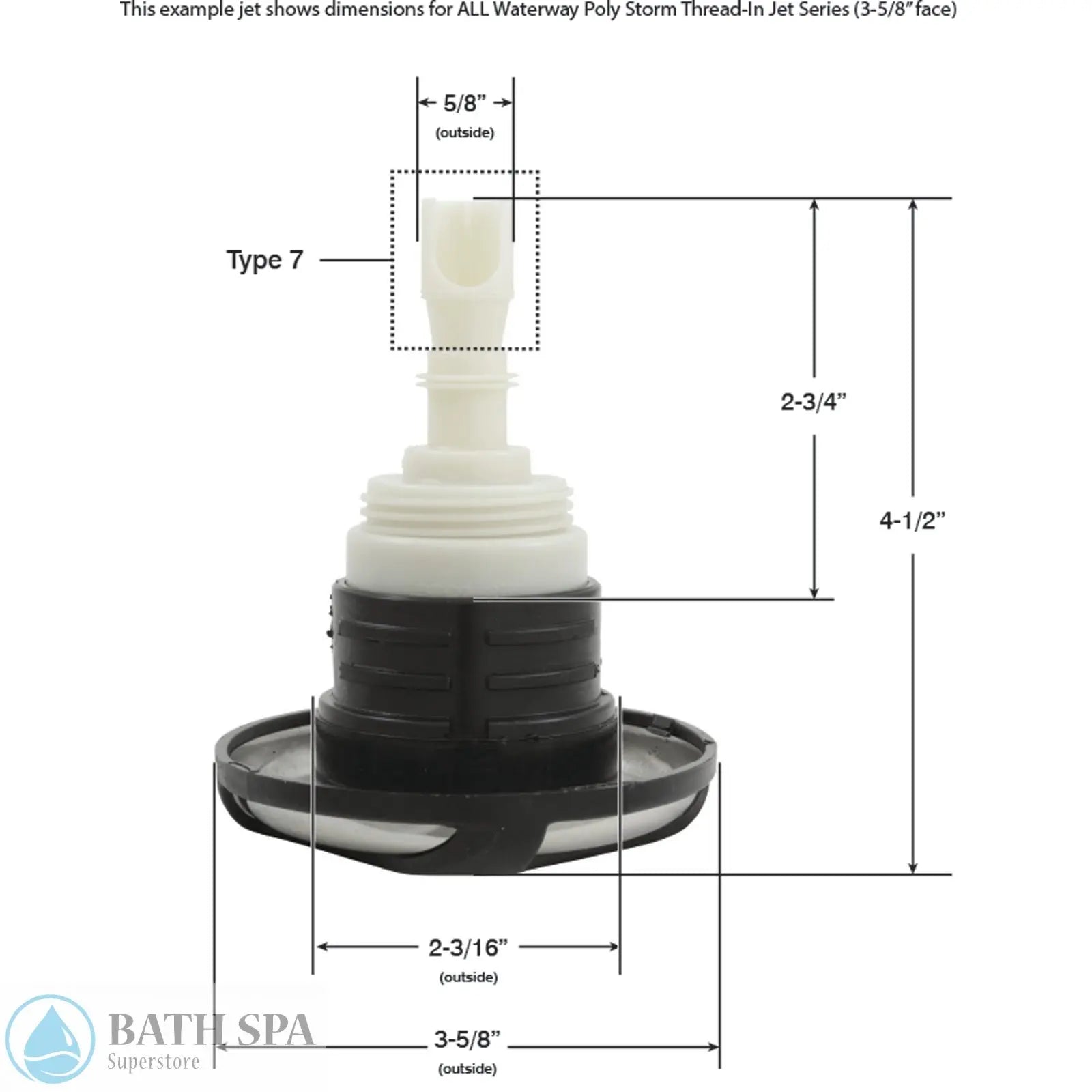 Waterway Poly Storm Jet Internal [3-5/8" FD] [Swirl] [Twin Roto] [Threaded] [LED] [Dark Grey/SS] (229-4049L-DSGS) Spa Parts: Spa Jets (Waterway Poly Storm Jets) 55-270-4292_7-DIMENSIONS__XL