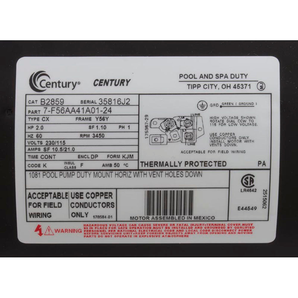 A.O. Smith (AOS) Century Motor 2.0 HP [1-S] [SqFl] [115/230V] (B2859)